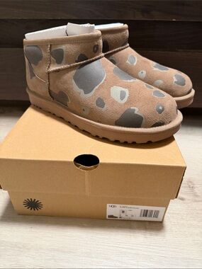 UGG Tan and Gray Leopard Mini Boot
